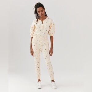 NWT Something Navy yellow floral Esmeralda ruffle jumpsuit sz med